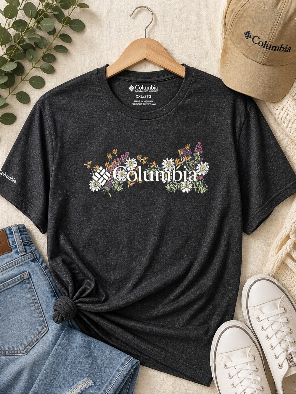 Columbia Floral Logo Graphic Tee XXL Gray Outdoor Casual Shirt